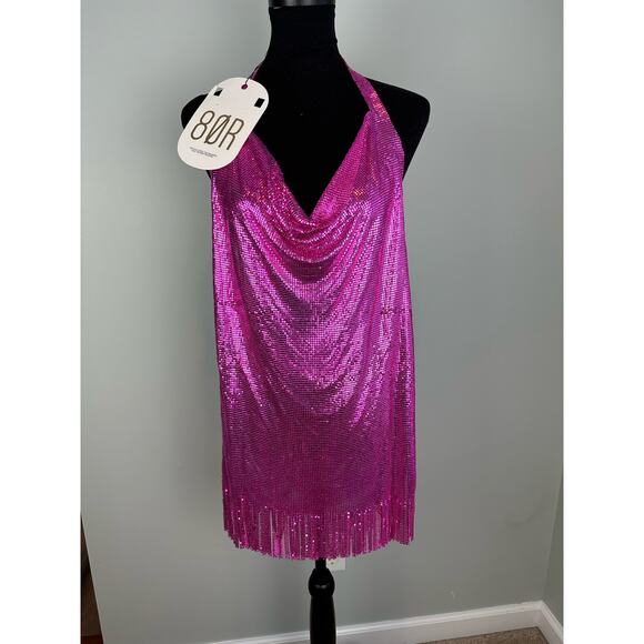 NWT w/FLAWS 8 Other Reasons Fuchsia Chainmail Fringe Mini Dress OS - Picture 1 of 6